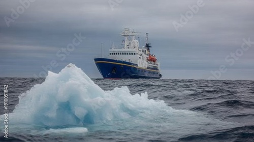 Expedition ship navigating icy waters with large ice floe in the foreground under overcast sky in a remote polar region