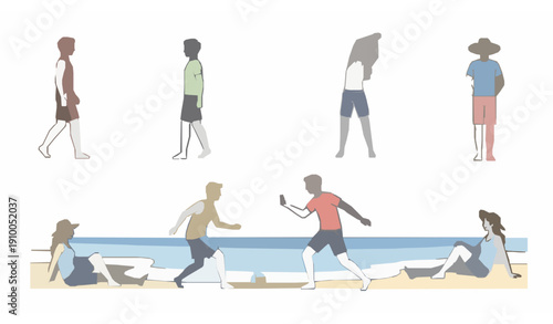 People at beach vector illustration with summer leisure activities in line style