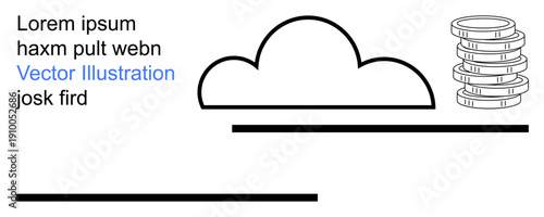 Digital economy, fintech, data storage, cloud computing, online transactions, technology innovation. Cloud design with coin stack and text. Digital economy and fintech concept