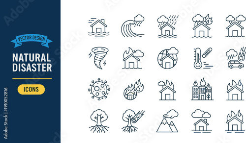 Collection of natural disaster line icons including storm flood wildfire earthquake tornado and emergency hazard symbols