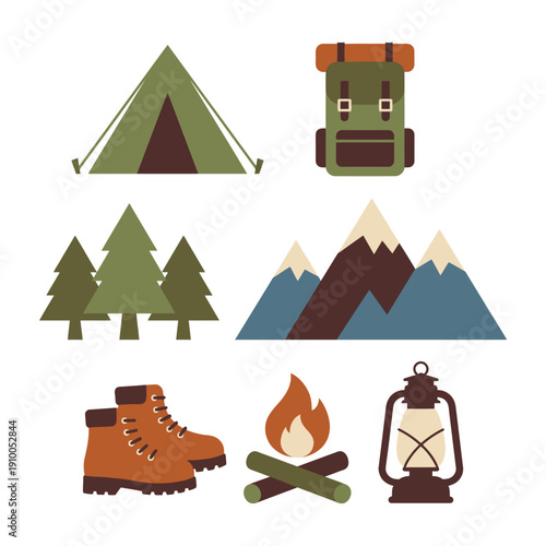 Vector illustration of a set of cartoon travel icons featuring a mountain and camping tent symbols in a summer mountain landscape design