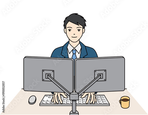 デュアルモニターで効率的に仕事をするスーツの男性