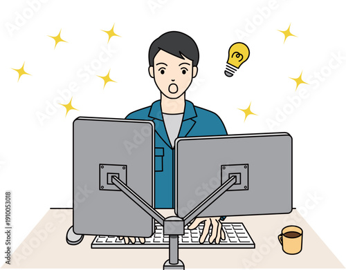 デスクワーク中に良いアイデアを思いつく作業着の男性