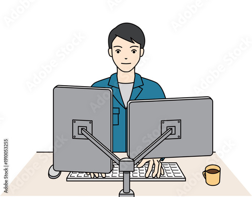 デュアルモニターでパソコン作業をする作業着の男性