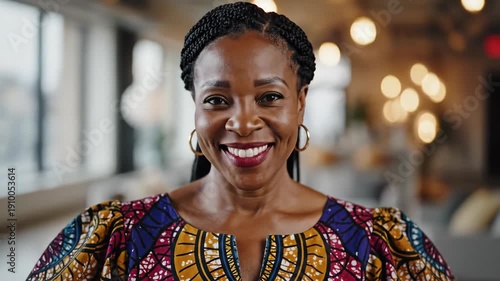 Confident African American Woman in Traditional Attire Smiling in Modern Office.
