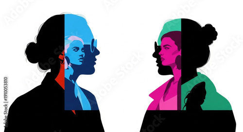 Two abstract silhouettes of women facing each other with colorful geometric patterns inside.
