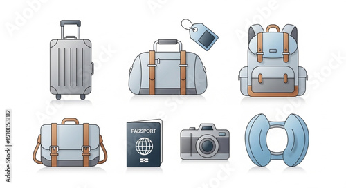 Collection of travel accessories and luggage on white background.