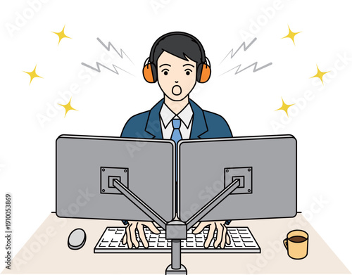 イヤーマフ着用で音を遮断し仕事の成果に喜ぶビジネスパーソン