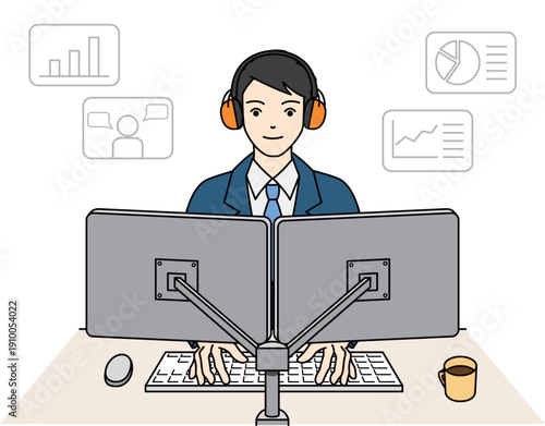 聴覚過敏の男性社員がイヤーマフを使用して働くオフィスシーン