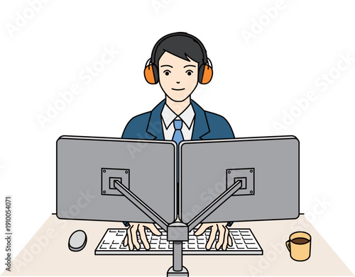 感覚過敏への配慮としてイヤーマフを着用し働くスーツ姿の男性