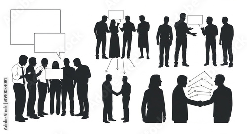 Business meeting silhouettes with presentation boards and handshakes.