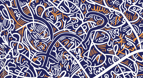 Intricate illustration of abstract patterns and shapes in orange and blue hues from a close-up viewpoint