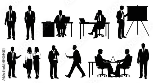 Business people silhouettes in various professional poses and activities.