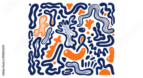 Abstract illustration of dynamic shapes and lines in orange and blue, showcasing creative expression and artistic freedom in a modern digital artwork.