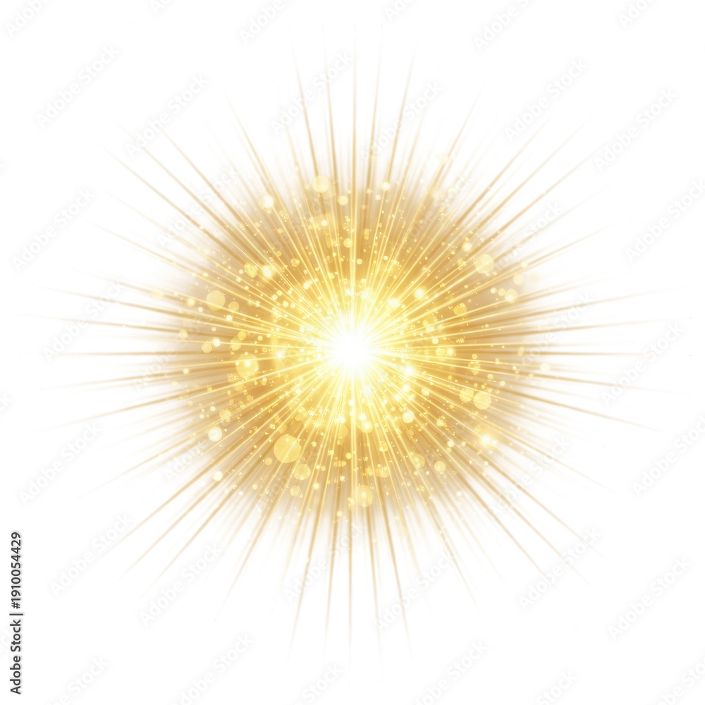 Fototapeta premium A radiant burst of golden light against a stark white background isolated on transparent background