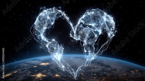 Global Connection Represented Through a Heart Shape Created with Digital Lines and Nodes in Outer Space Over Earth at Night