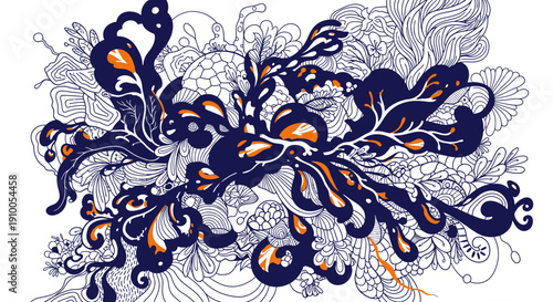 Vibrant floral illustration with intricate patterns and swirling shapes in blue and orange hues