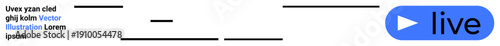 Online streaming, content creation, broadcasting, video-on-demand, digital media, live events. Blue play button with the word live and horizontal text. Online streaming and content creation emphasis