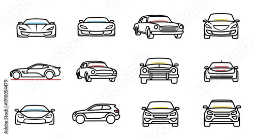 Collection of car icons in line art style.