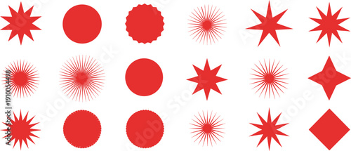 Collection of red starburst, sunburst and geometric badge shapes for stickers, labels, awards and decorative design