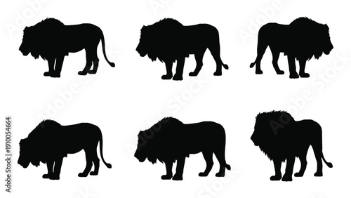 A collection of eight different silhouettes of bison in various poses and orientations isolated on white background, Vector