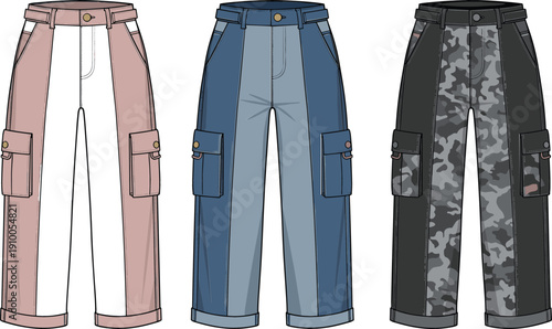 Technical vector set of two-tone paneled cargo trousers in pink denim and camo for fashion tech packs