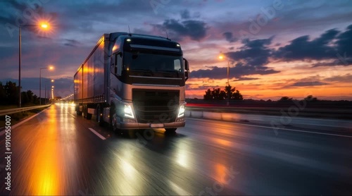 Nighttime Truck Journey on Highway, Transporting Goods, Urban Environment, Dynamic Viewpoint, Concept of Mobility