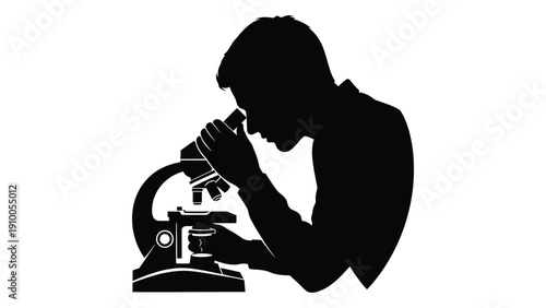 A silhouette of a scientist intently examining a sample through a microscope. isolated on white background, Vector