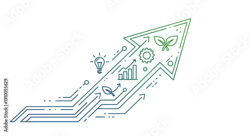 Green arrow showing upward trend with eco friendly icons.