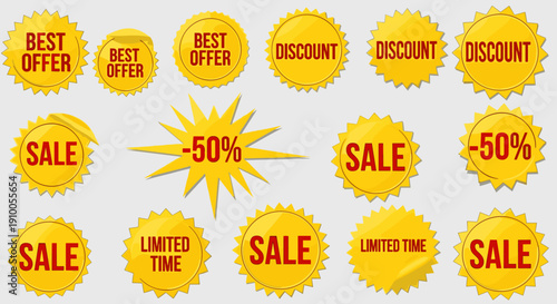 Collection of Yellow Starburst Sale and Discount Badges, Offering Promotions and Special Deals