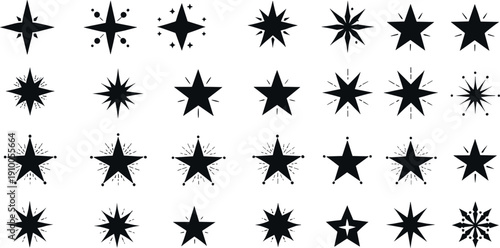 Collection of starburst and sparkle star icons in varied geometric spiky and decorative styles