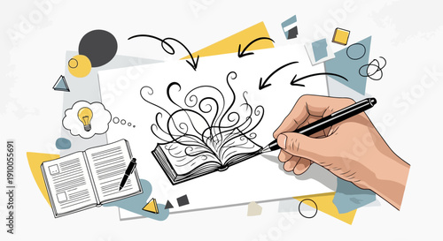 Hand drawing creative ideas from an open book illustration.