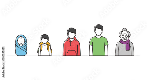 Illustration of human life stages from baby to elderly person.