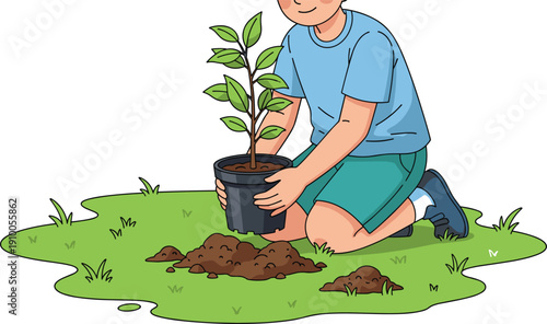 Cute cartoon boy planting young tree in garden, holding pot and soil, eco friendly nature activity, reforestation concept, isolated illustration on white