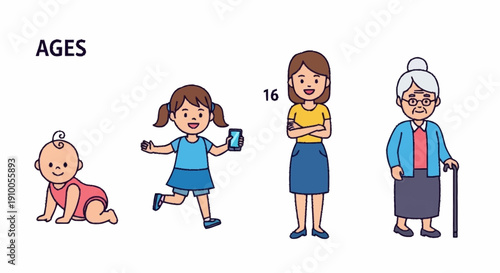 Illustration showing different human ages from baby to elderly woman.