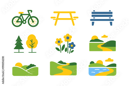Minimalist flat vector icon set of park and outdoor elements including bicycle, picnic table, park bench, trees, flowers, hills, pathways, and landscape scenes