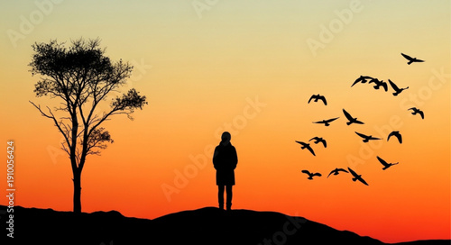 Silhouette of a person standing alone watching birds fly at sunset.