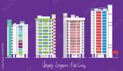 Side profiles of Singapore's public housing flats showcase a variety of architectural styles and color schemes, reflecting the country's commitment to practical yet visually distinct urban design. 
