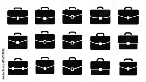 Assorted black briefcases displayed in a grid pattern with variations in design isolated on white background, Vector