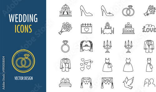 Collection of wedding and marriage line icons including rings, cake, dress, bouquet, love symbols, and ceremony elements.