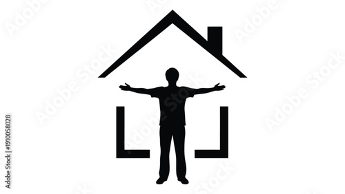 A silhouette of a person standing with arms outstretched inside a house outline isolated on white background, Vector