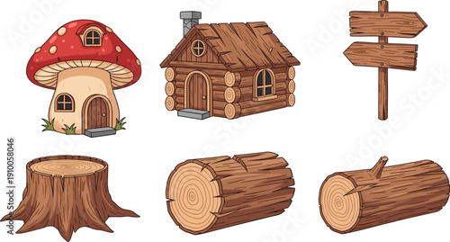 Cute cartoon forest wooden assets set with mushroom house, log cabin, tree stump, wood logs and signpost for fantasy game UI and storybook illustration