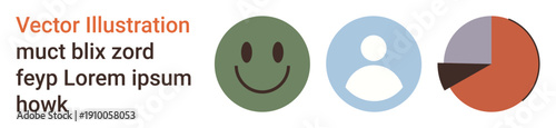Emotional expression, data-driven decisions, communication tools, statistics, human , visual presentations. Green happy face, user avatar and pie chart graphics. Emotions and data-driven decisions