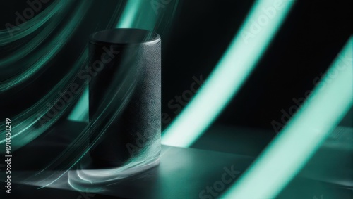 Sleek Black Cylinder with Green Light Streaks - Modern Abstract Still Life.