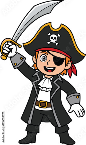 Cute cartoon pirate character holding curved sword, smiling adventurous buccaneer with eye patch, pirate hat and skull symbol, children illustration, mascot style vector design