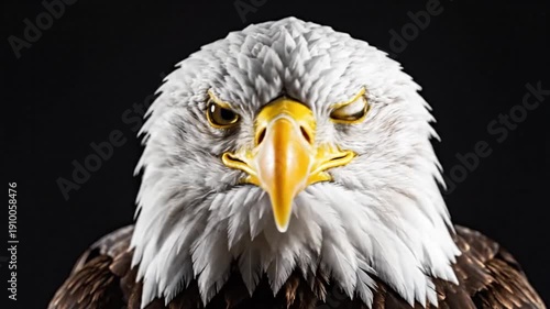 Bald Eagle portrait with intense stare, and black.