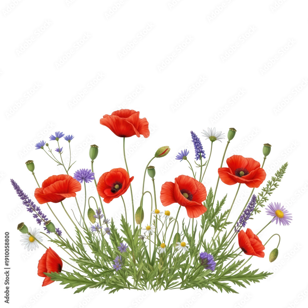 Obraz premium A vibrant field of red poppies and purple flowers in full bloom. isolated on transparent background