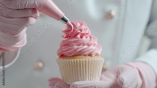 Wallpaper Mural Chef piping pink frosting onto a vanilla cupcake Torontodigital.ca
