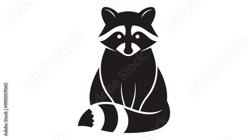 A black and white illustration of a raccoon sitting with its tail curled around its body isolated on white background, Vector