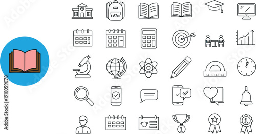 Collection of minimal education and learning line icons including school, study, achievement, and knowledge symbols